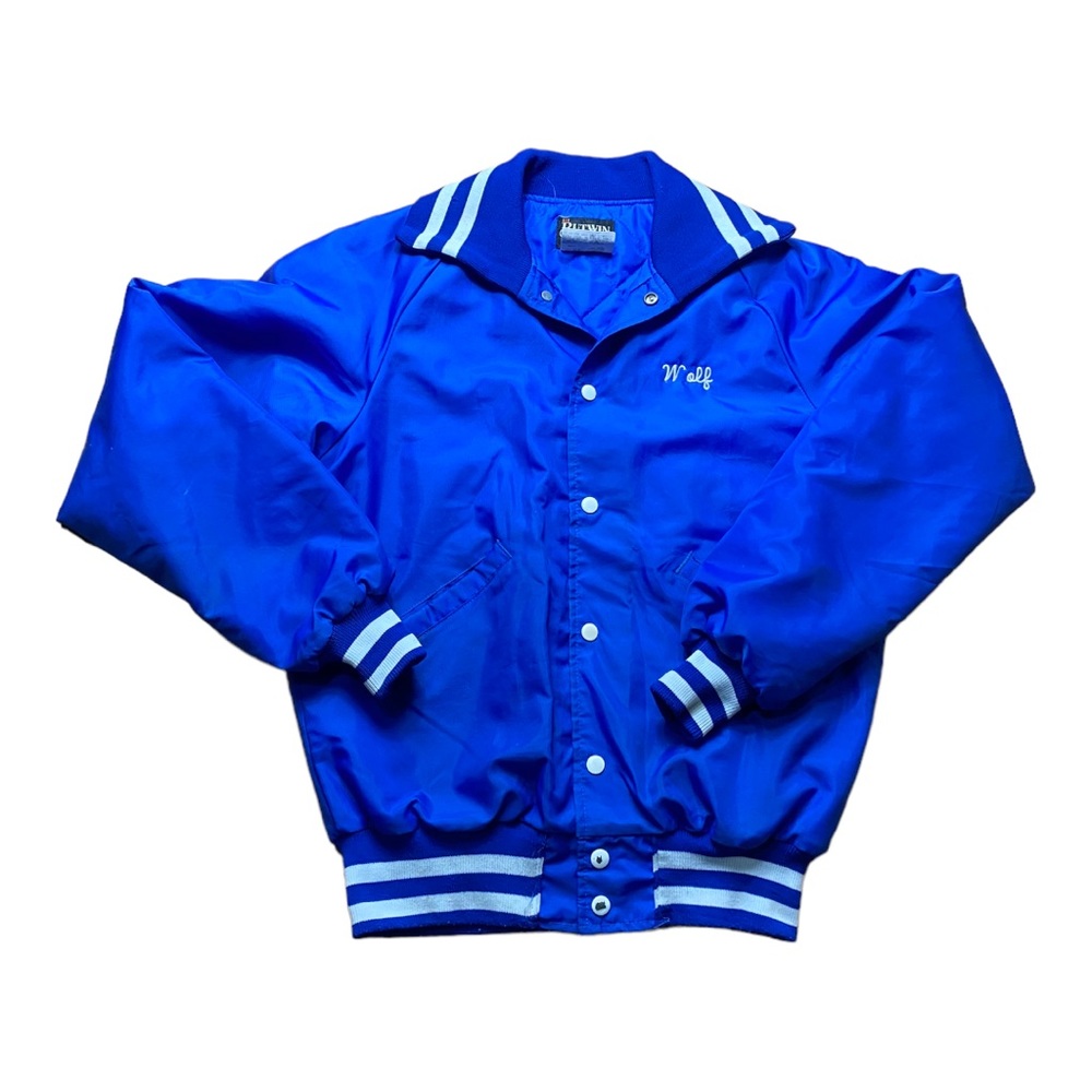 Vintage Satin Jacket Blue Oshkosh West Soccer Snap Front Varsity Butwin USA Made